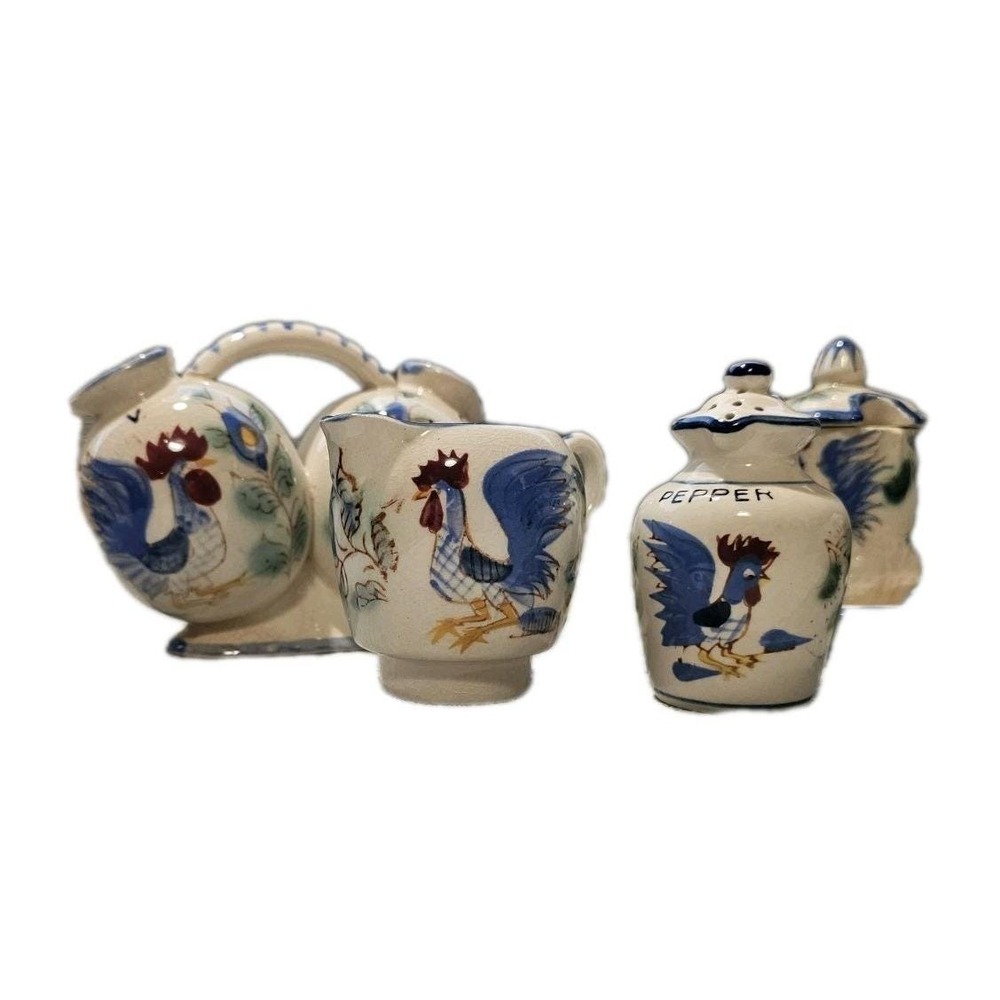 Vintage Nasco Hand Painted Rooster Oil & Vinegar, Pepper Shaker, Creamer & Jar